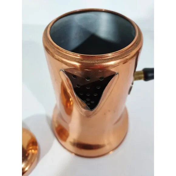 Copper Pot Chocolate Coffee Tea Kettle 8” Brass Wood Side Handle Vintage - Picture 9 of 13
